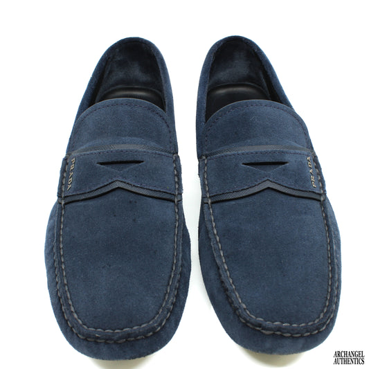 Mocasín de ante azul Prada Calzature Uomo Nero Bleu